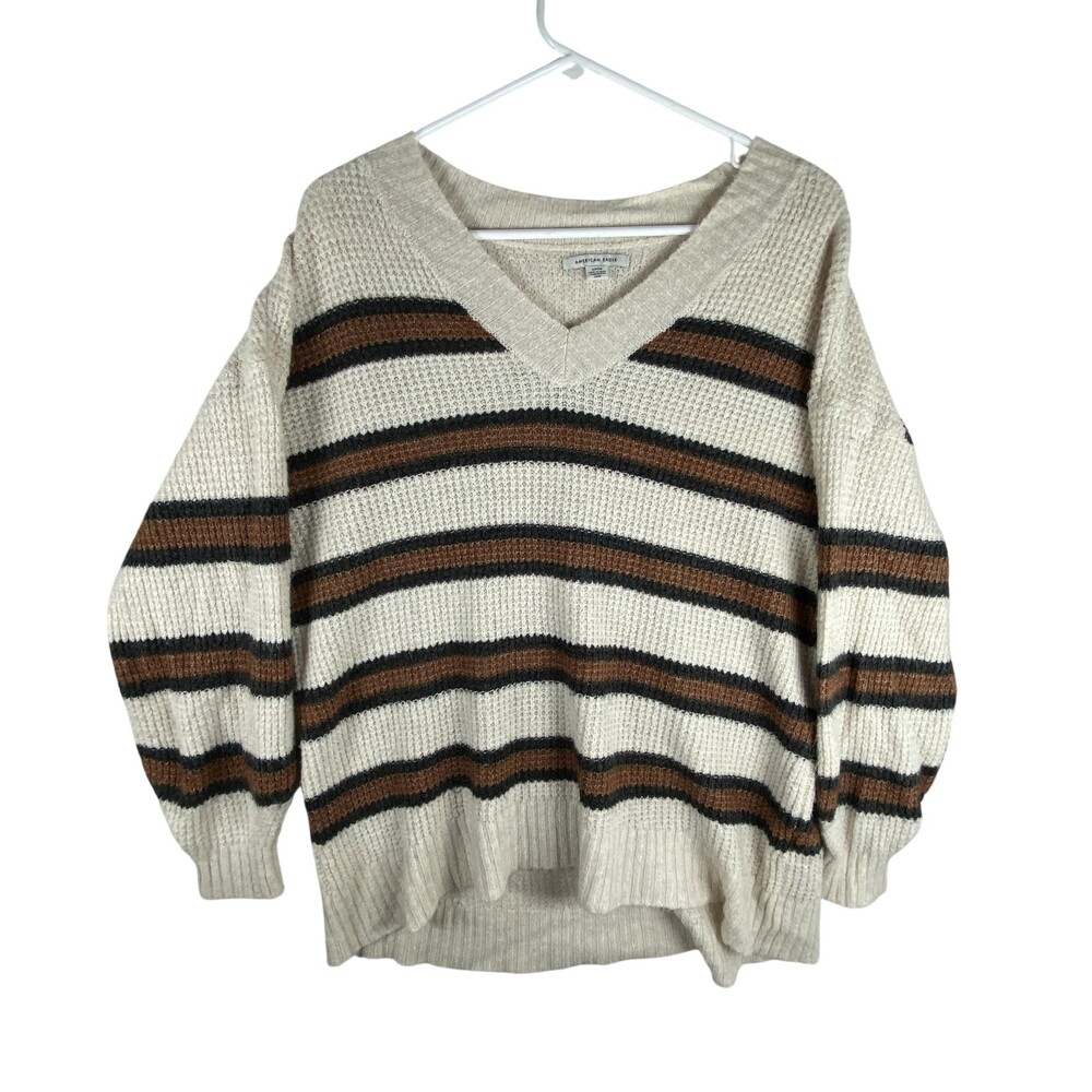 American Eagle Outfitters Sweater Oversized Womens Small Beige Striped V Neck